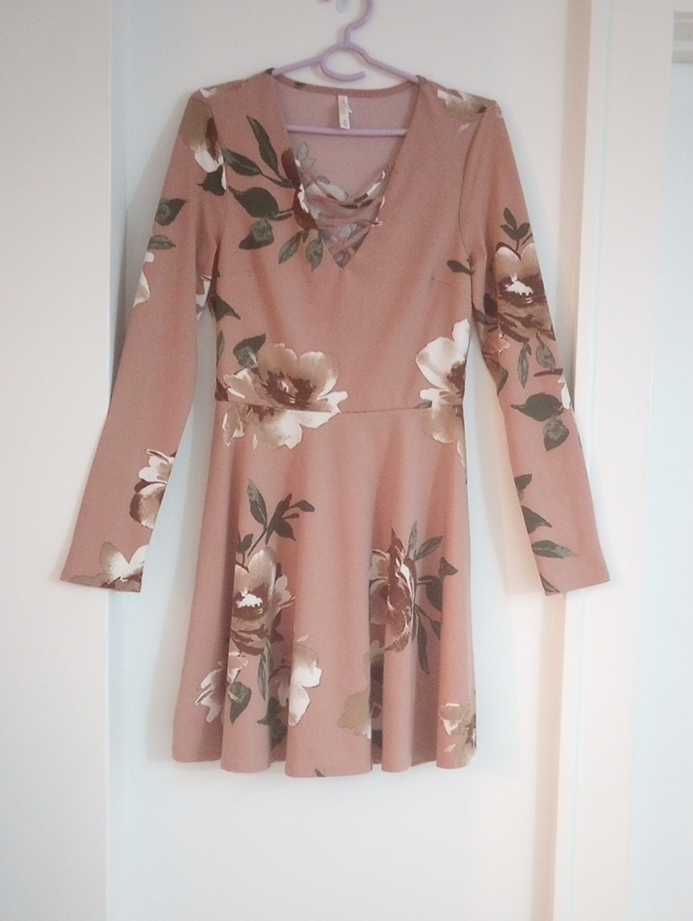 Boho Dusty Rose Brown Floral Long-Sleeve Skater Dress Cottagecore Summer Size M